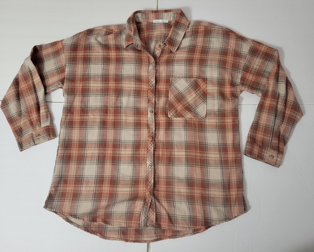 Be Cool Womens M/L Rust Brown Cream Plaid Button Down Flannel Shirt